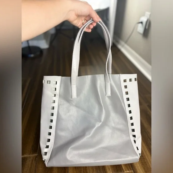 Gray Blue Tote Bag Pom Poms w/ cut out, felt lined y2k - Picture 5 of 9